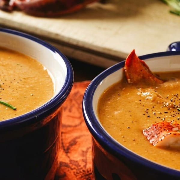 Two bowls of creamy lobster bisque, garnished with fresh lobster meat, chives, and black pepper.