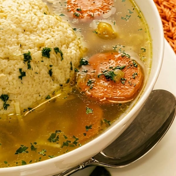 Close-up of a bowl of matzo ball soup with carrots and parsley on an orange placemat.