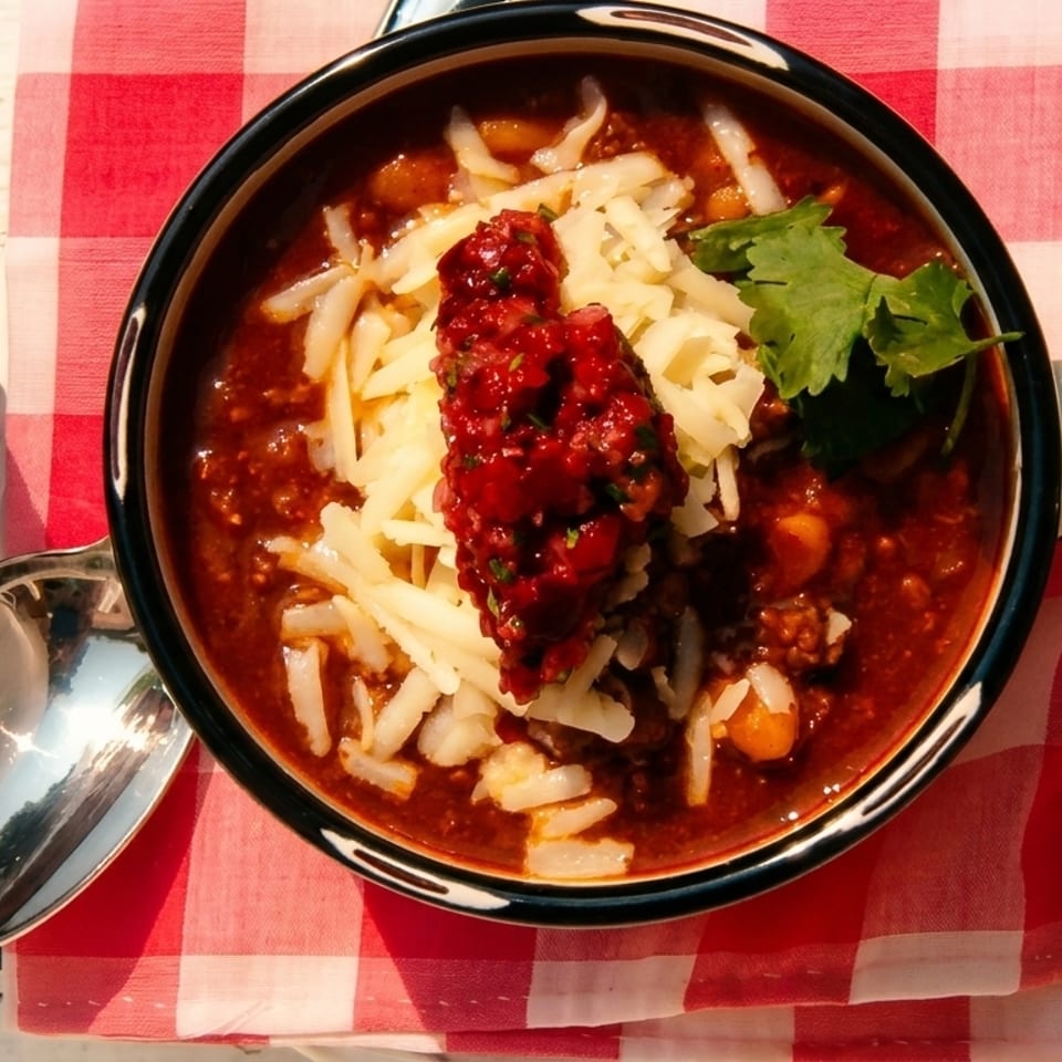 Overhead view of a bowl of chili with shredded cheese, salsa, and cilantro on a red and white checkered napkin.