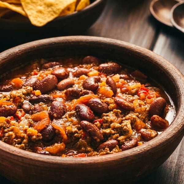 Hearty chili with beans and ground meat in a rustic wooden bowl, with tortilla chips and spoons.